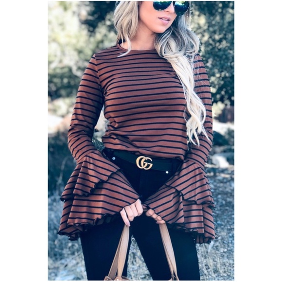 044 Boho Stripes Bell Sleeve Ruffle Top - Picture 1 of 9
